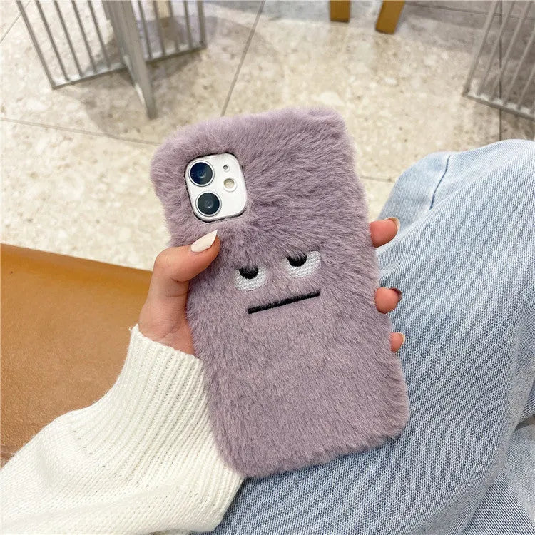 Purple plush phone case cover with funny emoticon design for iPhone models