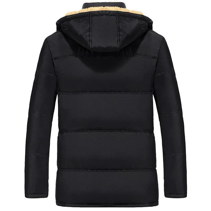 Men's black velvet padded hooded winter jacket with double-breasted placket loose fit