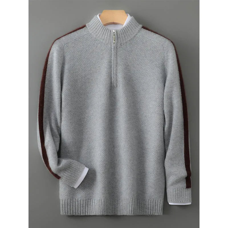 Men's slim fit half zip round neck sweater knitted from woolen yarn in grey.