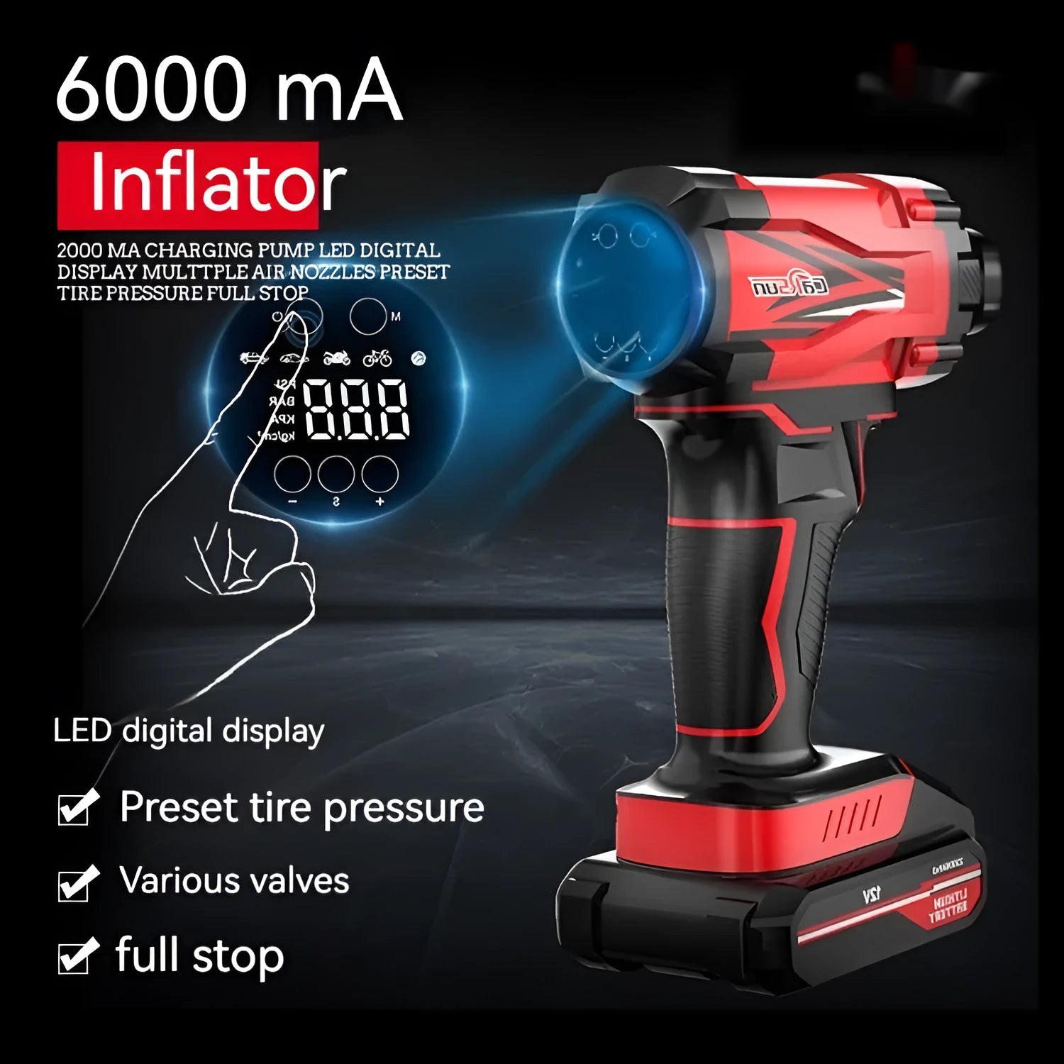 Red and black wireless car air pump with digital display, power cable, and multiple nozzle attachments