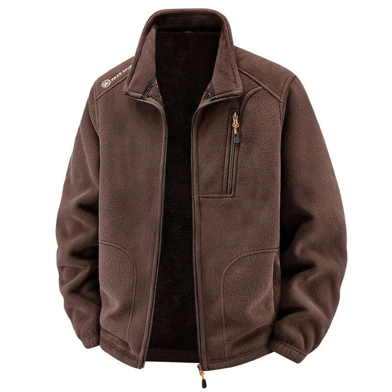 Men's loose casual polar fleece cardigan jacket in dark gray with full front closure