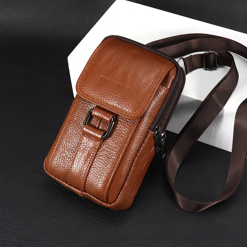 Genuine leather men's mobile phone waist bag in square vertical shape with sewing line detailing black large size
