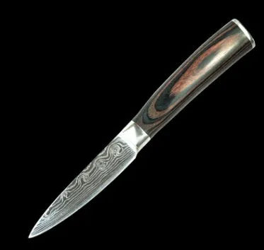 7Cr17 stainless steel chef knife with 18cm blade, laser Damascus pattern, and coloured wood handle