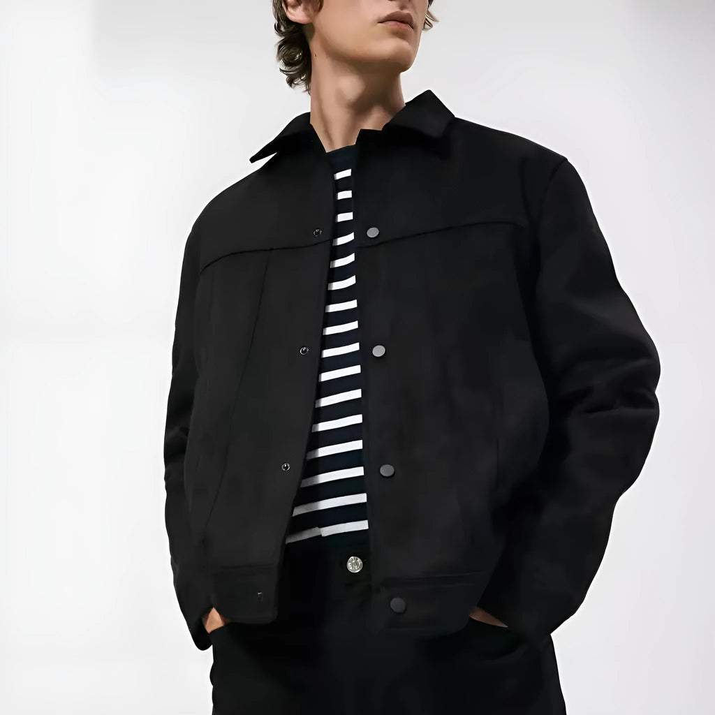 Black men's hooded jacket with suede collar and side pockets