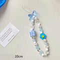 Beaded flower mobile phone lanyard with adjustable sliding bead in blue, pink, and yellow colour options