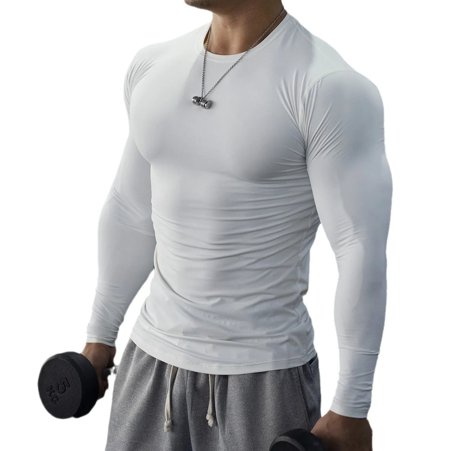 Men's black slim-fit fitness tights with long sleeves for running or gym workouts