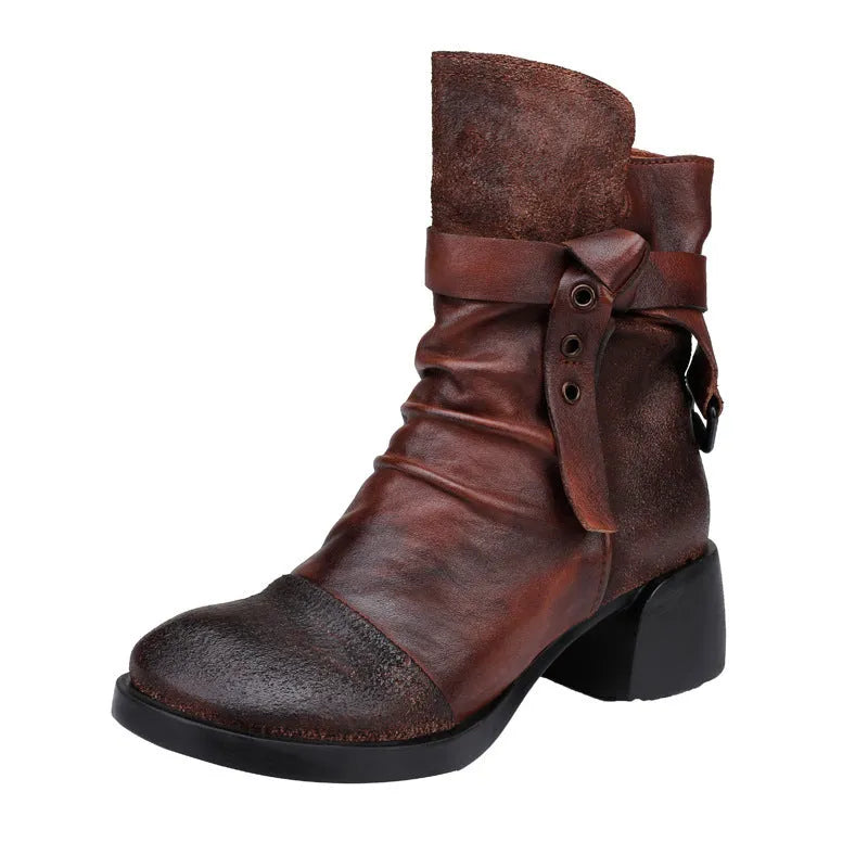 Women's retro ankle boots with genuine leather upper and chunky heel in black and brown colour options
