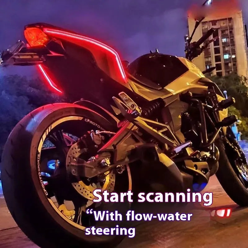 Motorcycle running water ambience light strip showing colour transition effects in PVC housing with length options