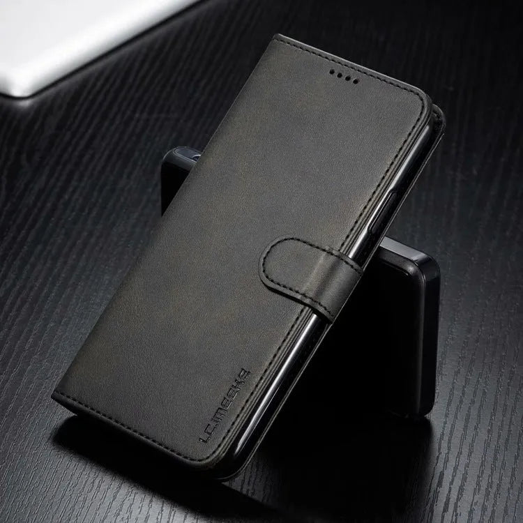 Brown leather wallet phone case with magnetic buckle and card slots for Apple iPhone