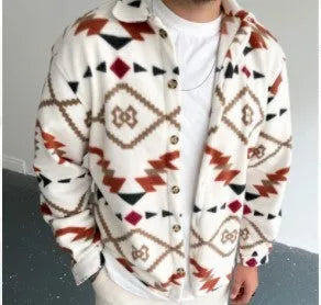 Men's white retro ethnic print brushed cotton shirt jacket with lapel collar and long sleeves