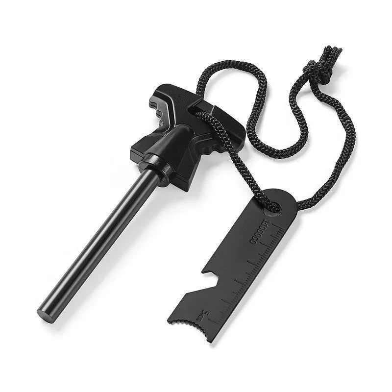 Butterfly-shaped metal fire starter tool with bottle opener, shown with dimensions 117mm by 43mm.