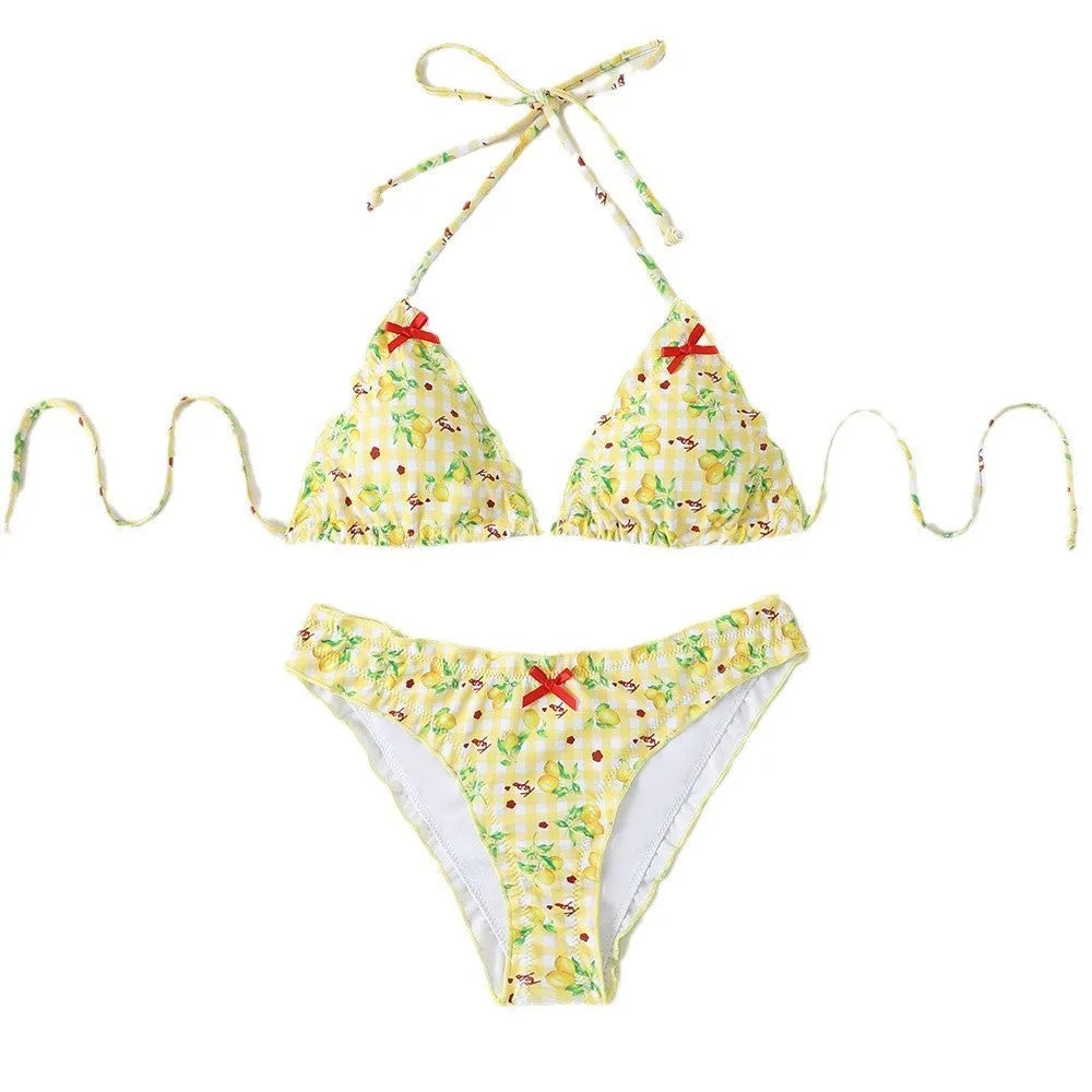Women's bikini tight backless split swimsuit with floral pattern in high elasticity nylon polyester