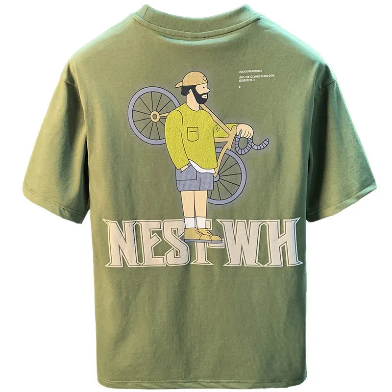 Green men's loose fit T-shirt with a printed literary youth design on the front.