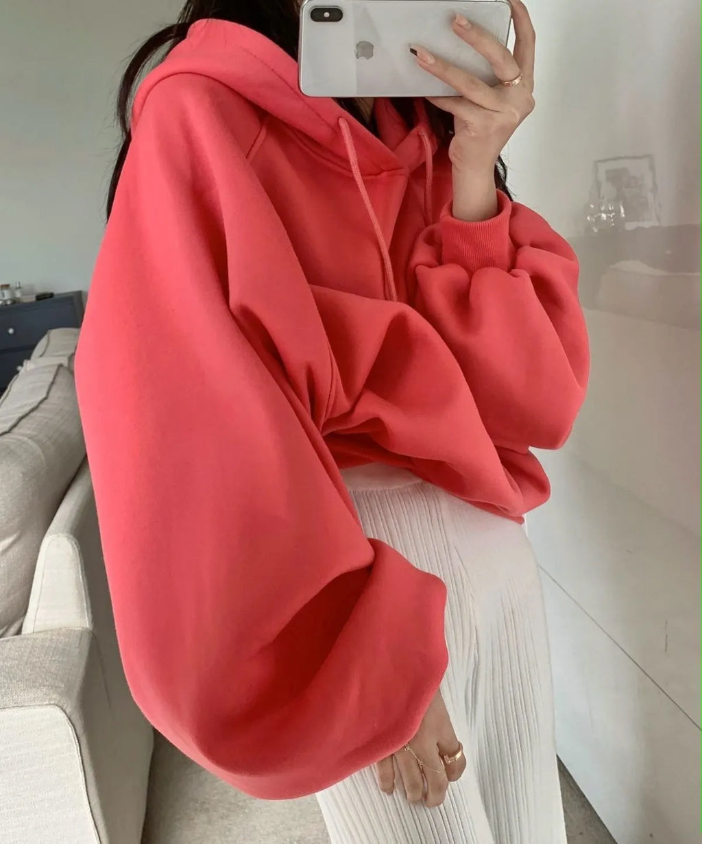 Women's loose hooded mulberry silk sweater in watermelon red colour with sleeveless design