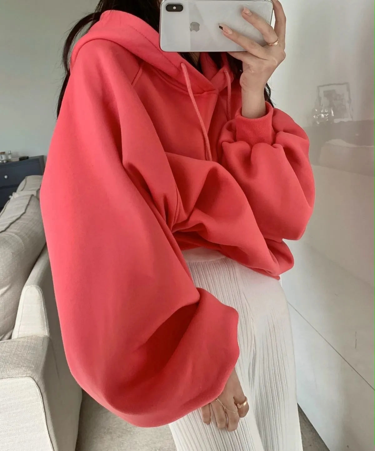 Women's loose hooded mulberry silk sweater in watermelon red colour with sleeveless design