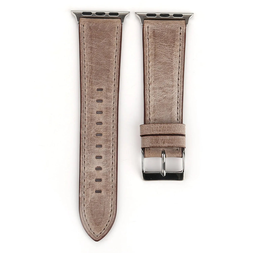 Leather watch strap with a folding buckle shown in multiple colour options.