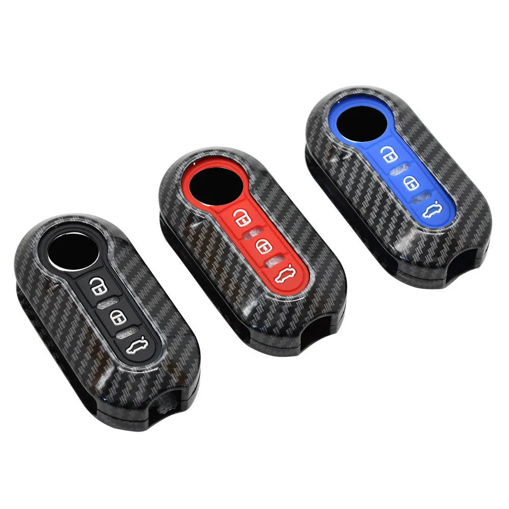Fiat 500 FYT model car remote key replacement shell in ABS plastic, shown in black, red, and dark blue colour options.