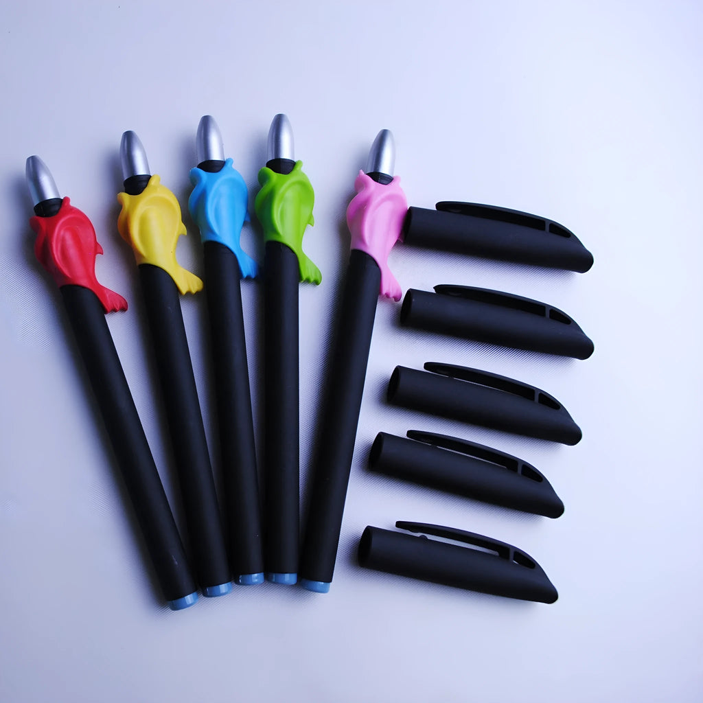 Automatic fading pen set with 0.5mm tip, 130mm plastic body, blue ink cartridges, pen pole, and holder
