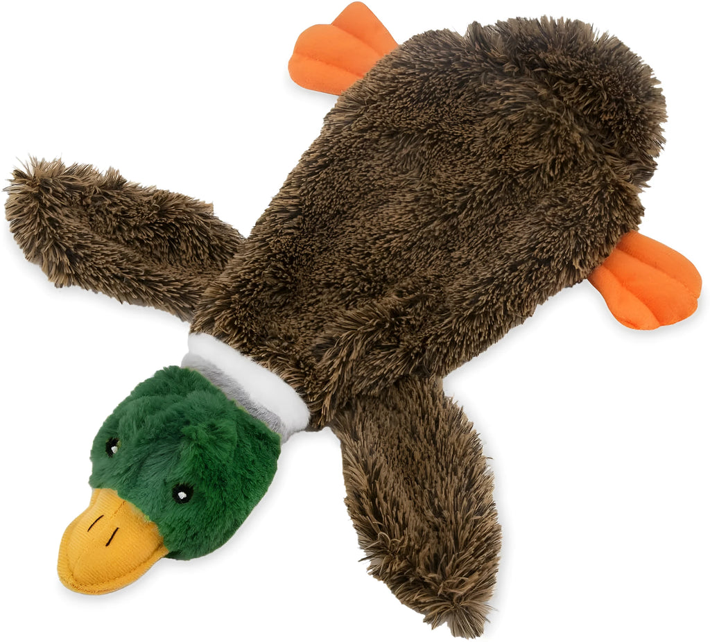 Green wild duck stuffless dog chew toy with squeakers and bottle insert cavity.