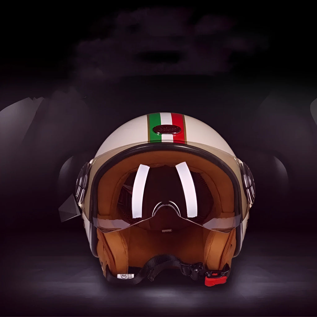 Retro-style battery-powered half helmet in ABS plastic shown in a bright colour variant.