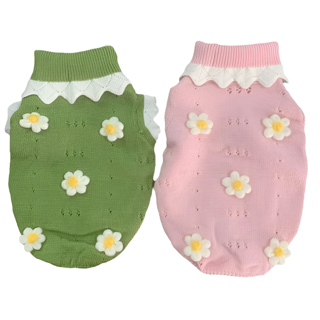 Green flower blossom pattern knitted sweater on a small dog, showing size and style.