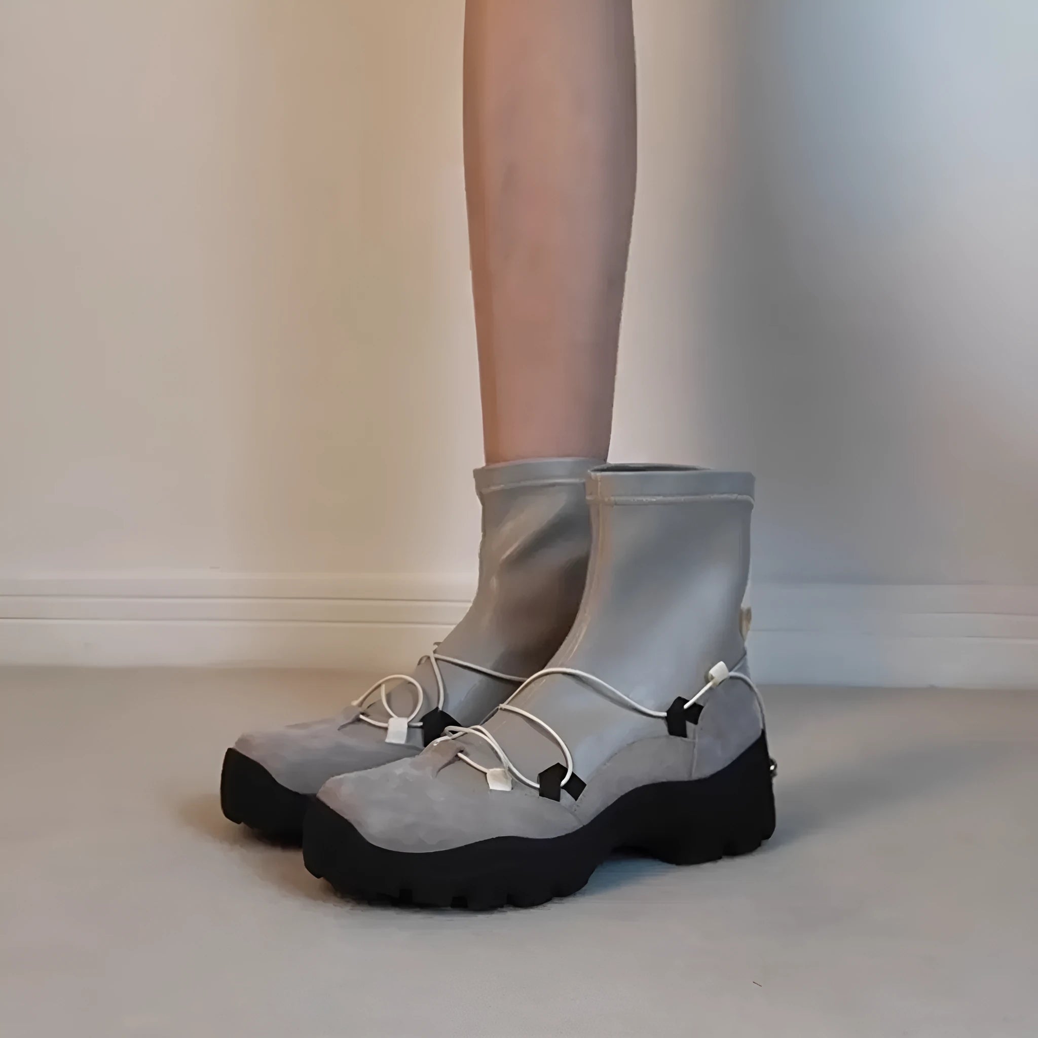 Retro platform cross strap stretch boots for women, flat heel, microfiber, gray colour