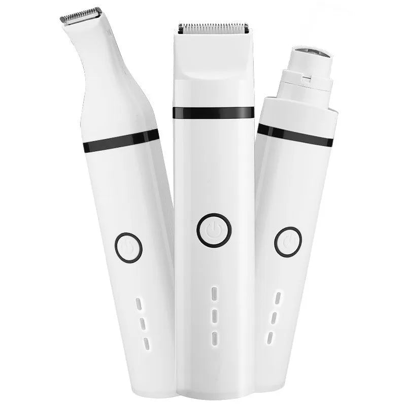 White pet shaving device for dogs with stainless steel blade, USB cable, three cutter heads, cleaning brush and oil