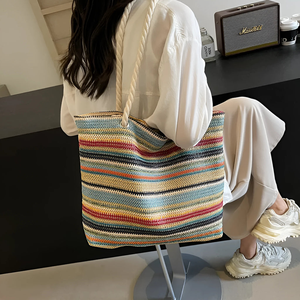 Blue woven nylon shoulder bag with large capacity and polyester lining