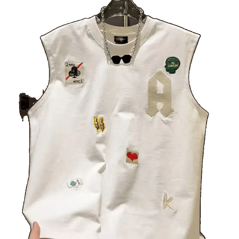 Men's black cotton sleeveless vest t-shirt with a cartoon graphic print, laid flat.