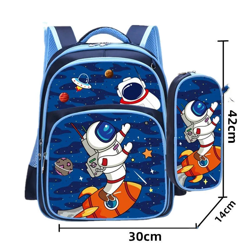 Blue children's cartoon backpack with load-reducing straps and a pencil case attached.
