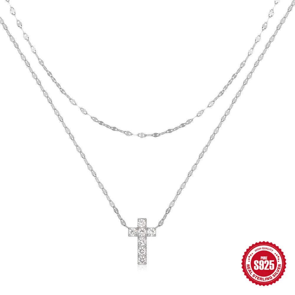 S925 sterling silver double layer twin diamond cross pendant necklace with clavicle chain.