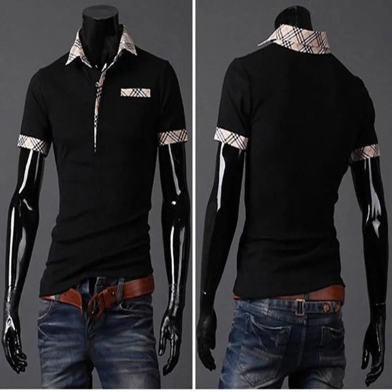 Summer polo T-shirt for men in black, cotton-polyester blend, short sleeves, casual lapel collar