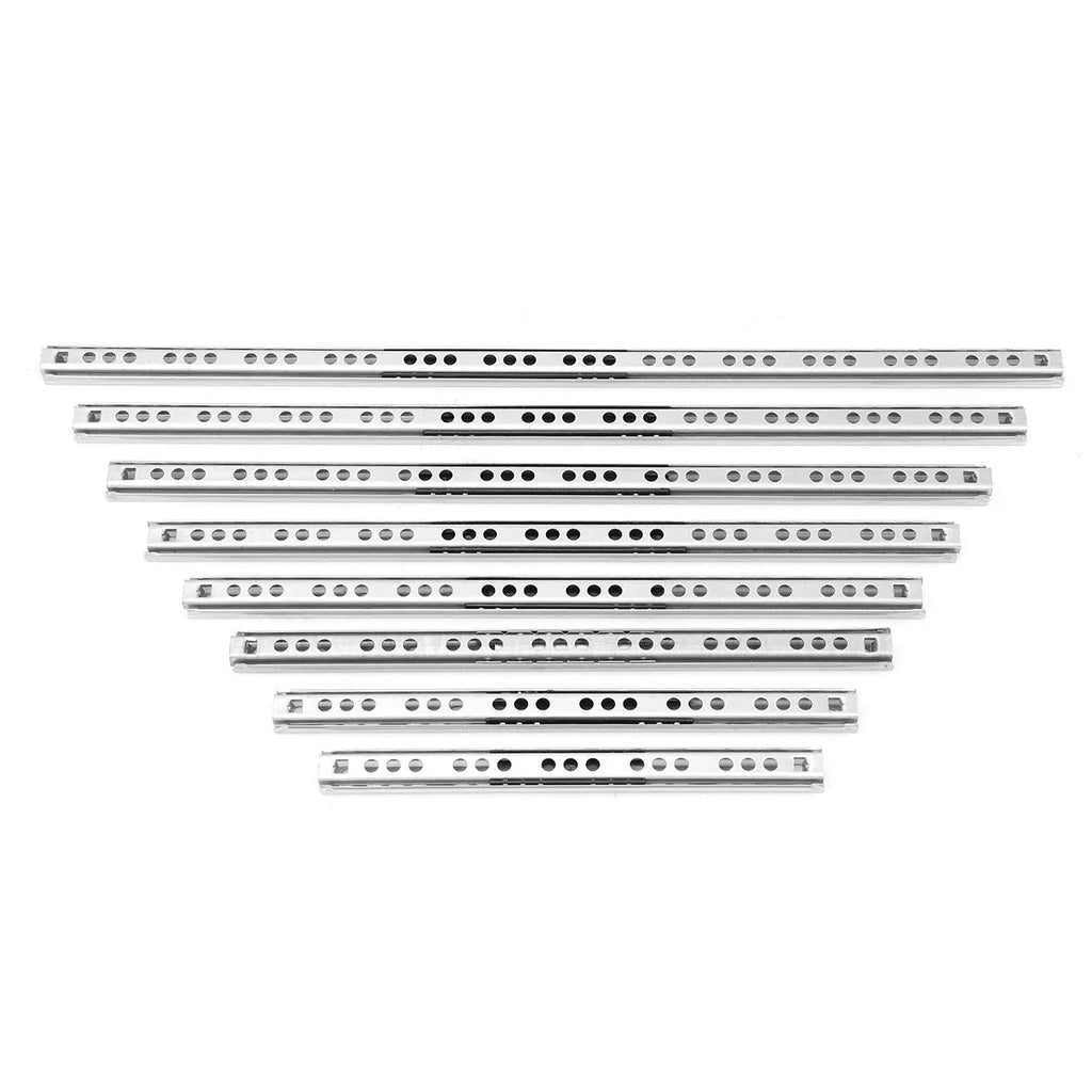 Two-section ultra-narrow drawer slide rail with ball bearings, shown in 17mm width