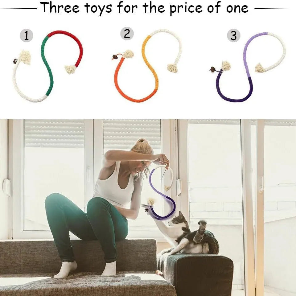 70cm cotton cat bite rope in three colour combinations: purple, orange, and red with green