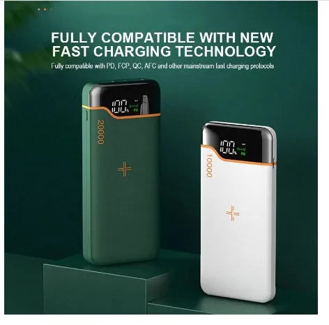 20000mAh power bank with 22.5W fast charging and 15W wireless recharge in retro green, business black, or white