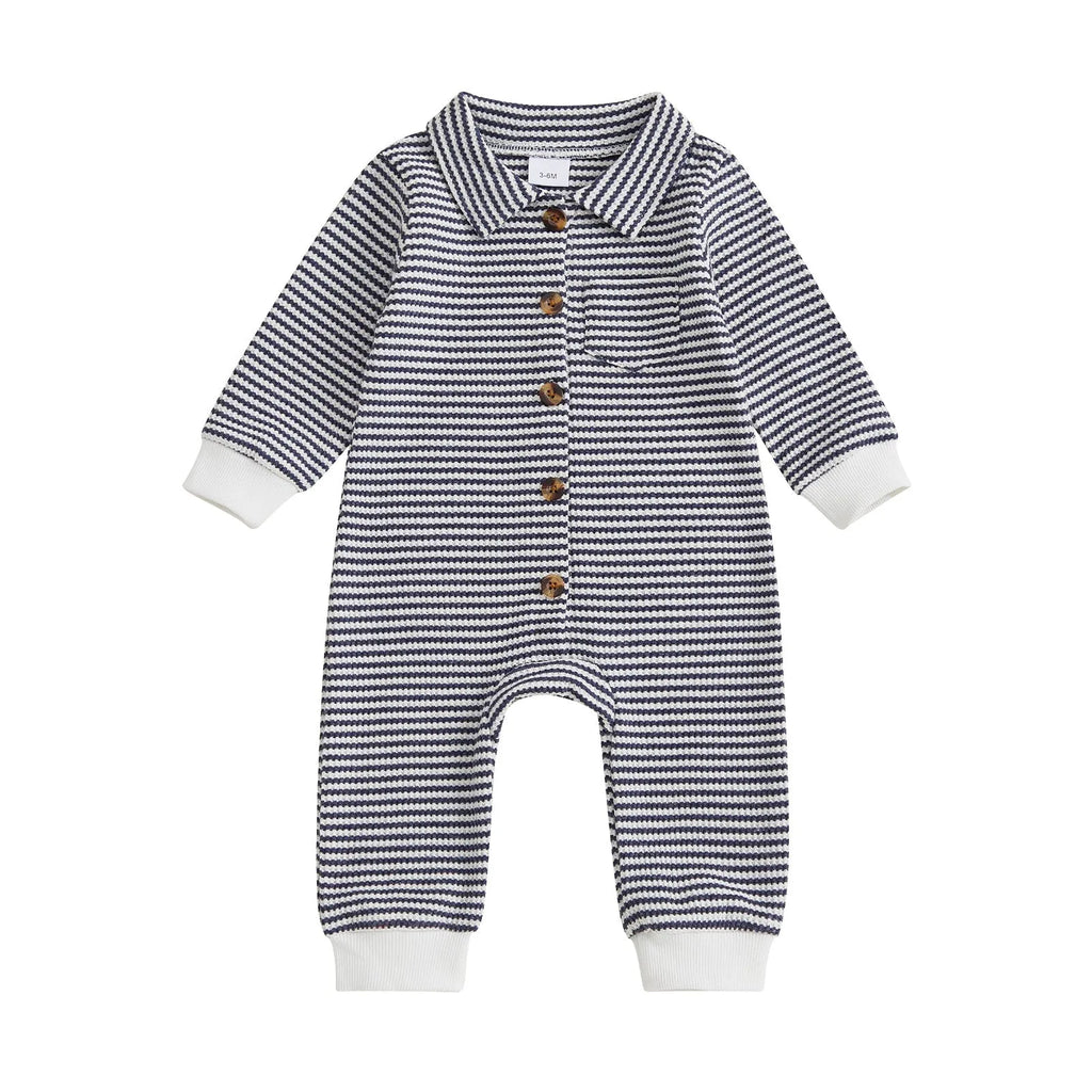 Babies cotton waffle front-open single-breasted long sleeve jumpsuit in light gray