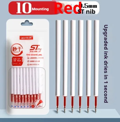 Pack of ten quick-dry gel pen refills for bullet pens in black, blue, red, and ink blue.