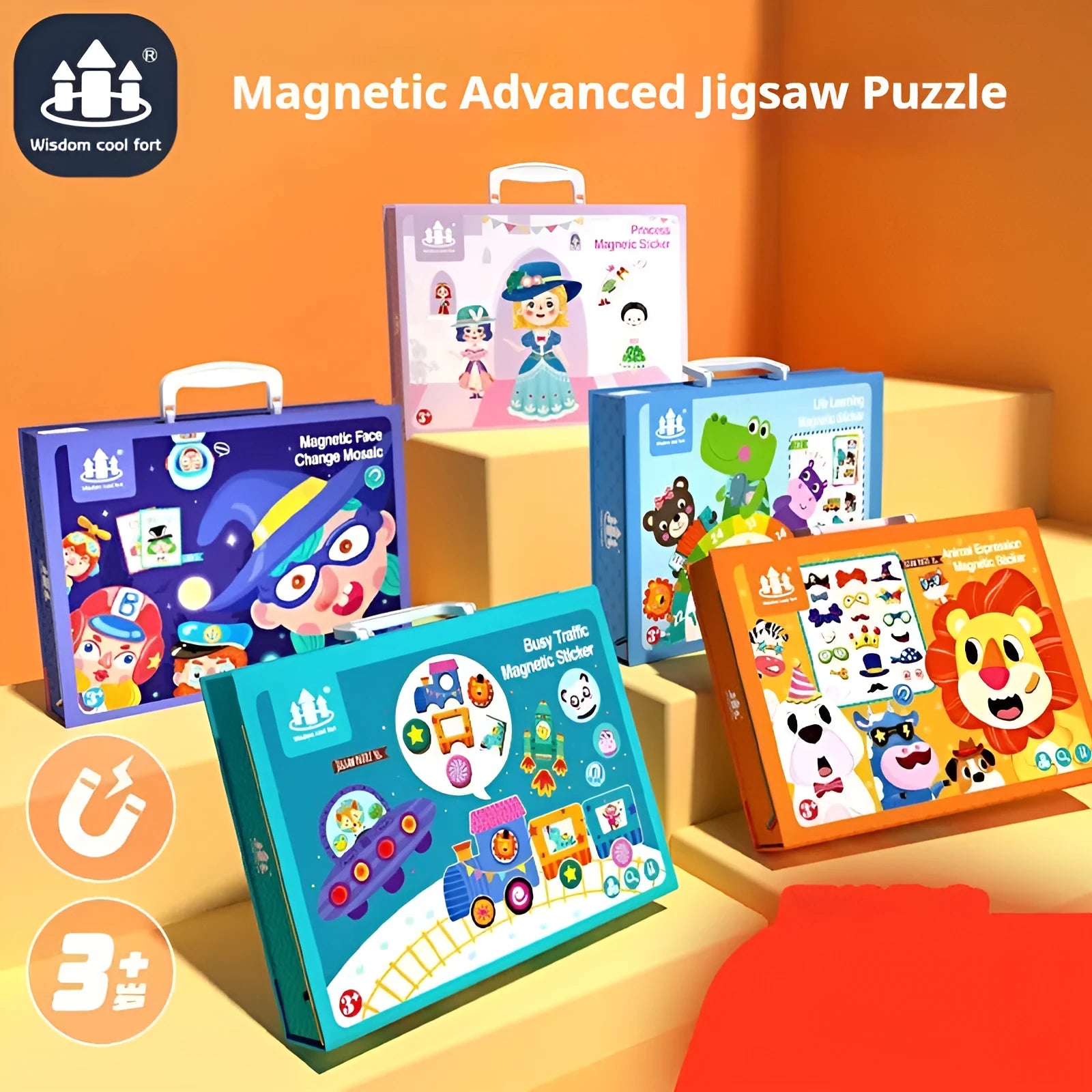 Children's wooden magnetic puzzle board with themed sticker toys in colour box, 27x20x4.3cm