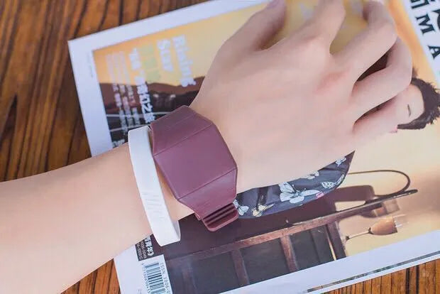 Square digital touch screen watch with plastic case, calendar display, and multiple colour strap options
