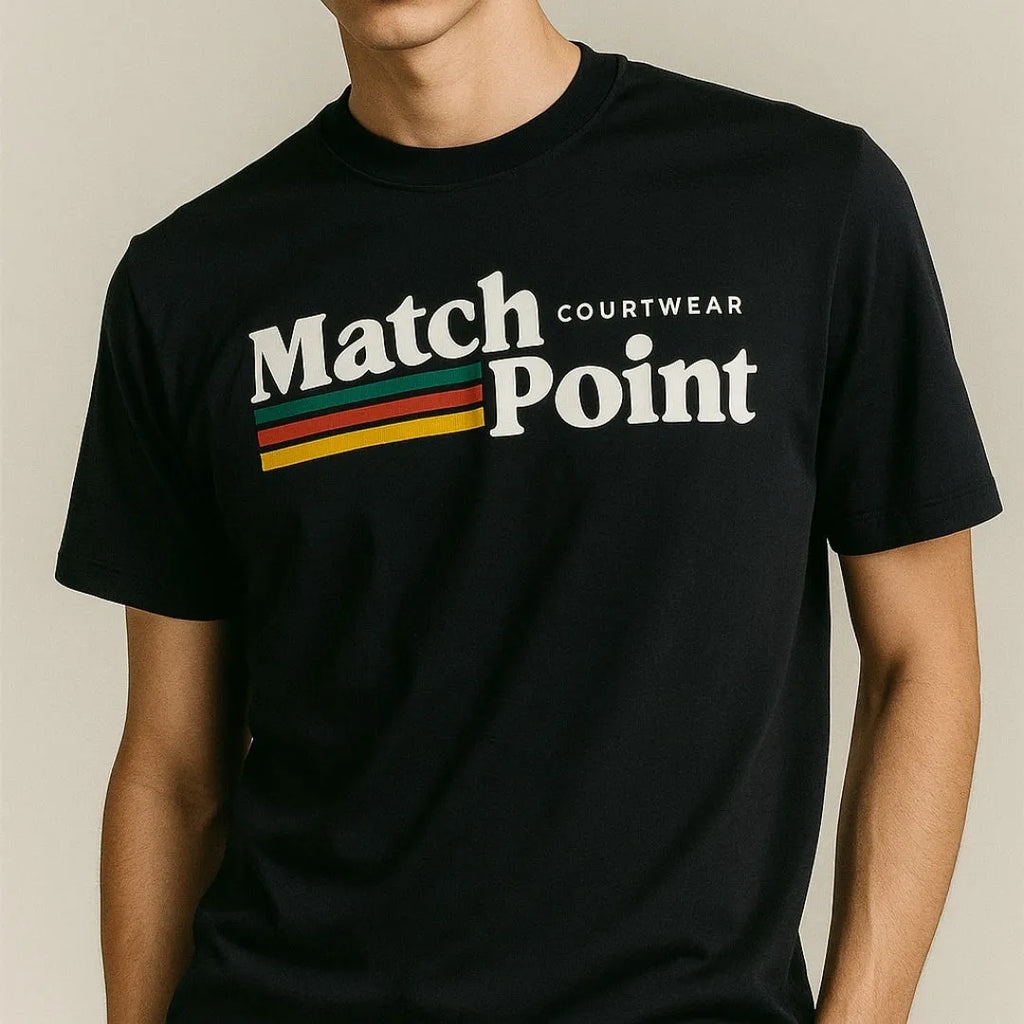 Men's black t-shirt with 3D printed pattern, round neck and short sleeves showing size options