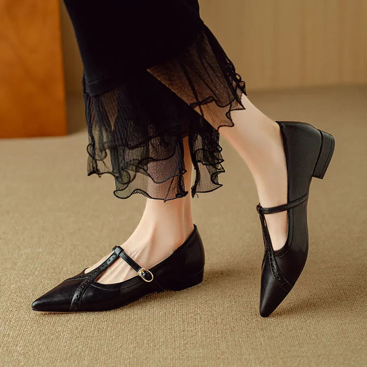 Women's brown pointed toe flat shoes with cowhide leather upper and soft bottom