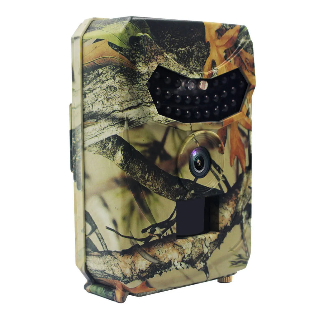 Yellow brown hunting game camera with infrared LEDs and wide-angle lens for outdoor monitoring