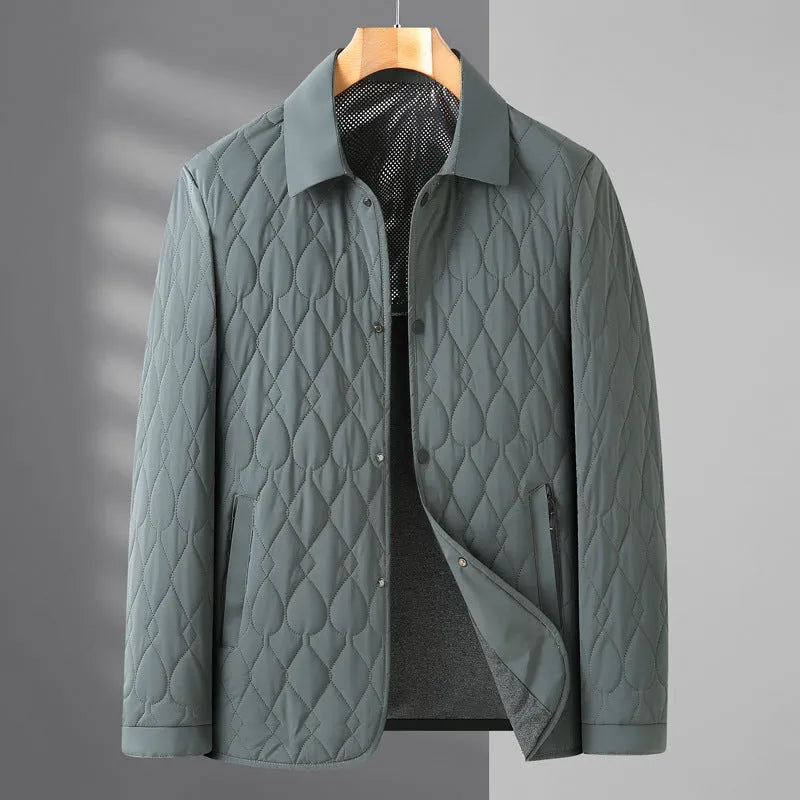 Men's lightweight diamond lattice cotton-padded coat in black, front view, regular fit