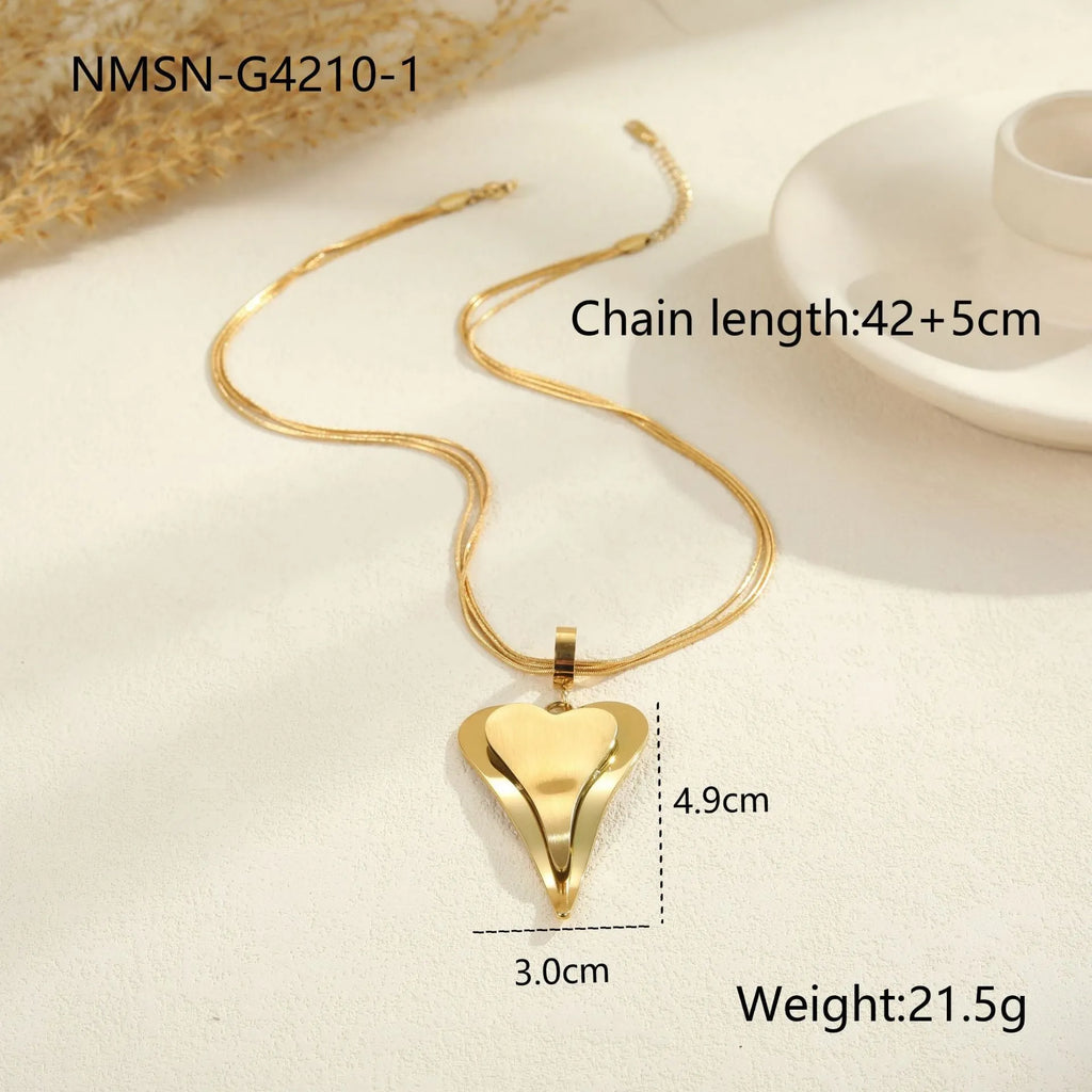 Stainless steel double heart necklace with snake chain design and geometric pendant