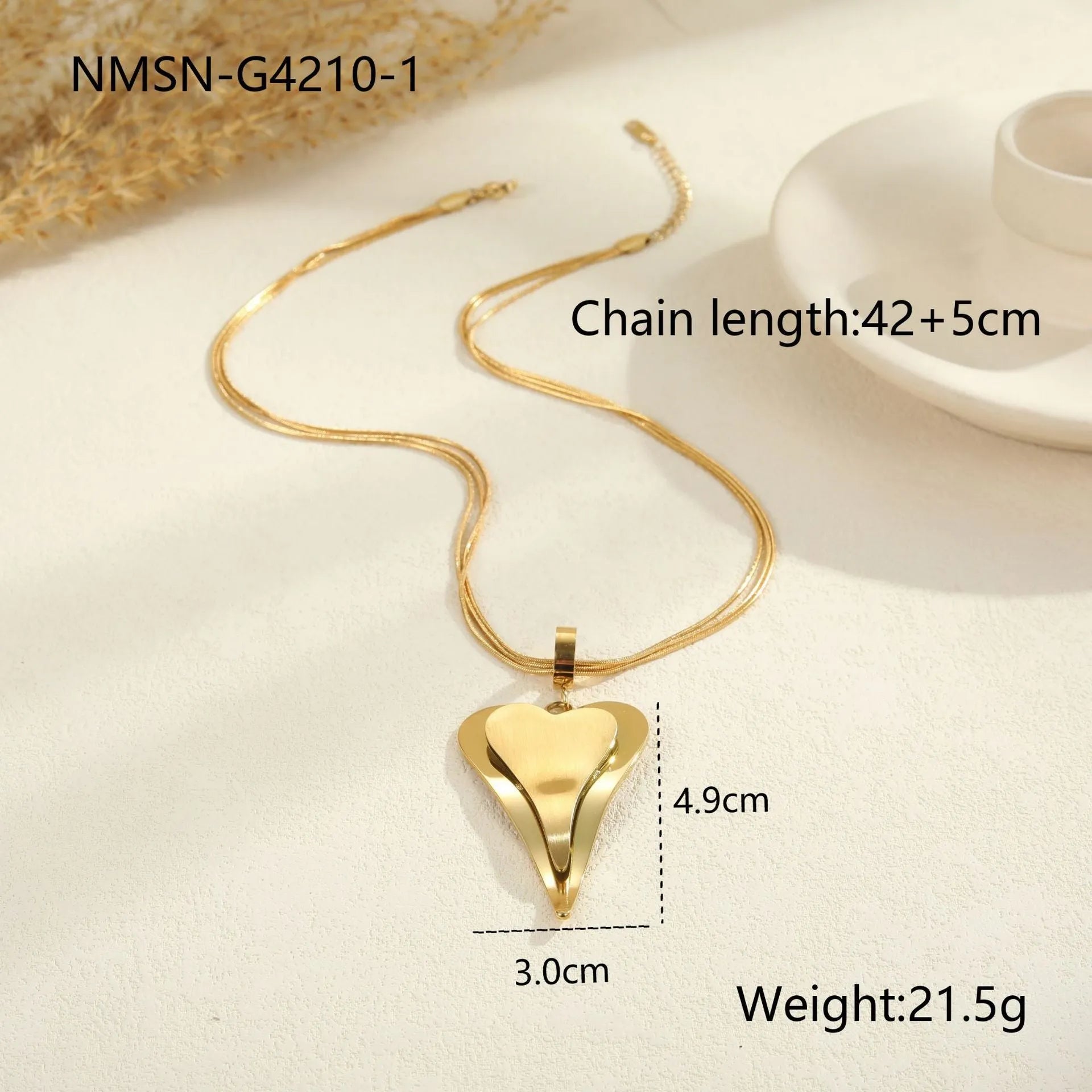 Stainless steel double heart necklace with snake chain design and geometric pendant