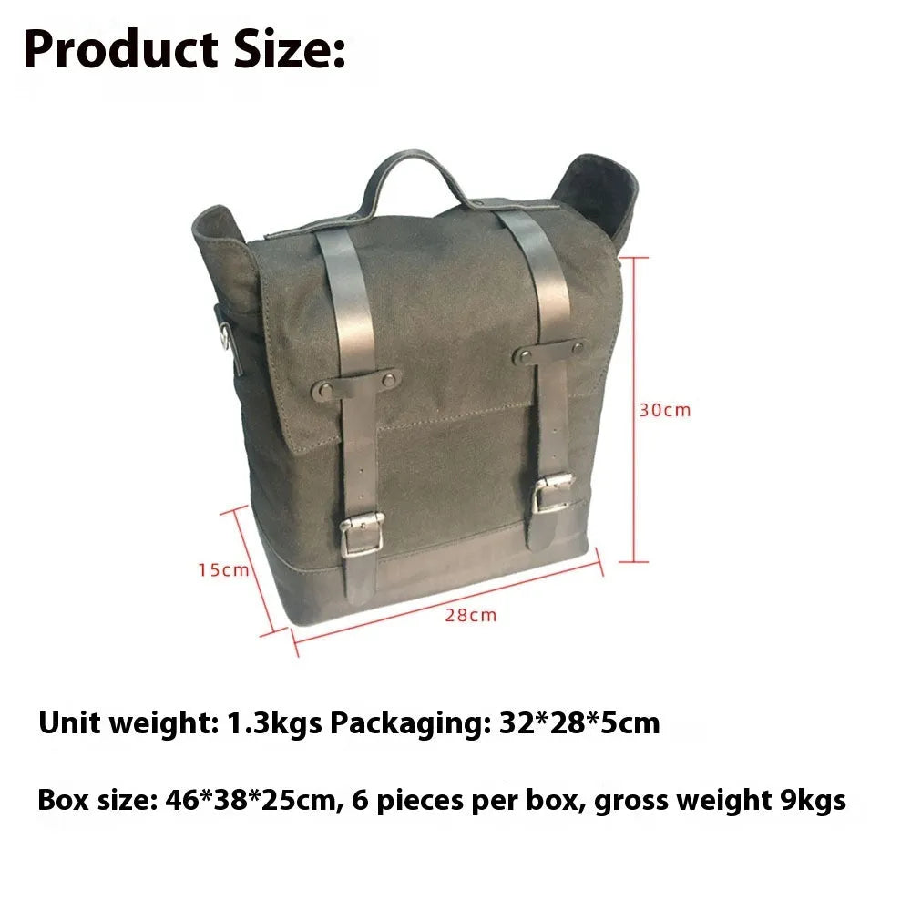 Black canvas motorcycle side bag with cowhide top showing 300x280x150mm dimensions