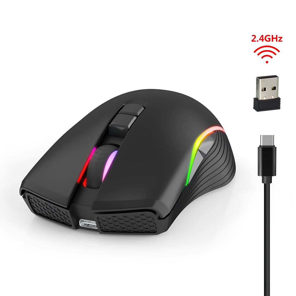 HXSJ black 2.4G wireless mouse with RGB lighting and TYPE-C charging port
