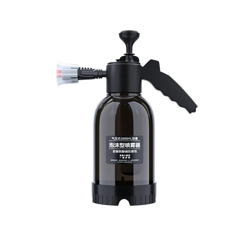 Black 2 litre foam watering can with hand-held sprayer and two nozzle attachments
