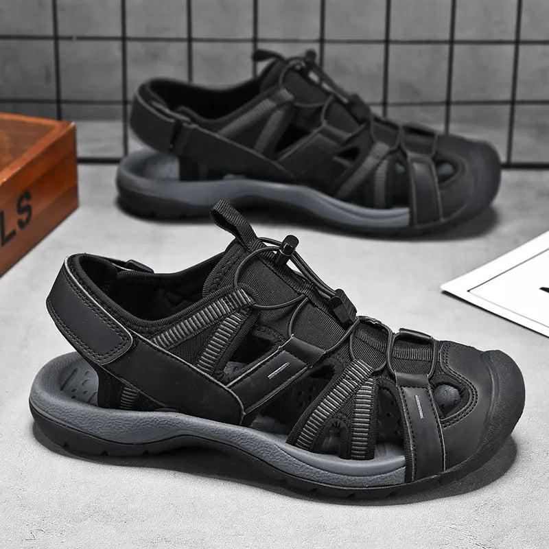 Men's blue outdoor sports shoes with velcro straps and a mesh upper on a rubber sole.