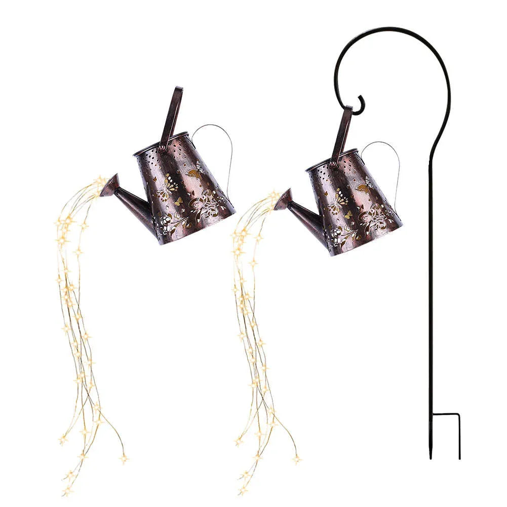 Tapered butterfly pattern solar garden lamp in warm white iron for outdoor decoration.